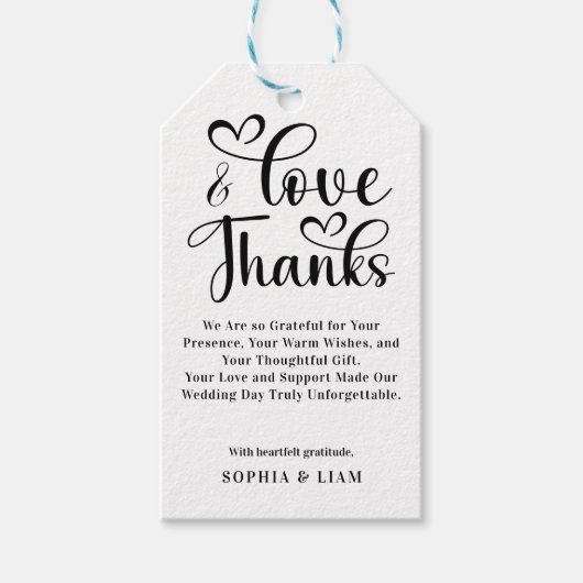 Elegant Love and Thanks Heart Script Wedding Geschenkanhänger (Vorderseite)