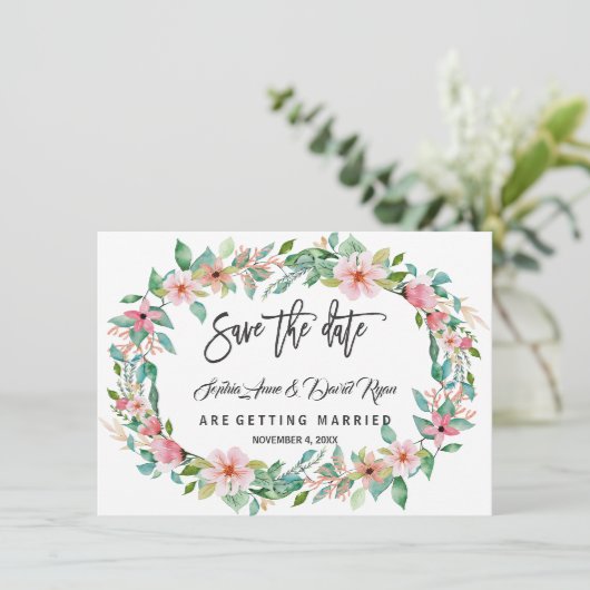 Elegant Luau Tropical Floral Wreath Save the Date (Stehend Vorderseite)