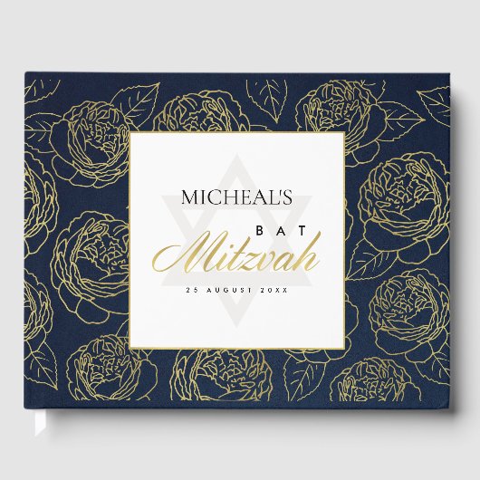 ELEGANT LUX NAVY GOLD ROSE FLORAL BAR BAT MITZVAH GÄSTEBUCH (Vorderseite)