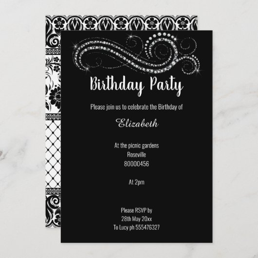 ELEGANT LUXE BLACK LACE DIAMONON EINLADUNG (Vorne/Hinten)