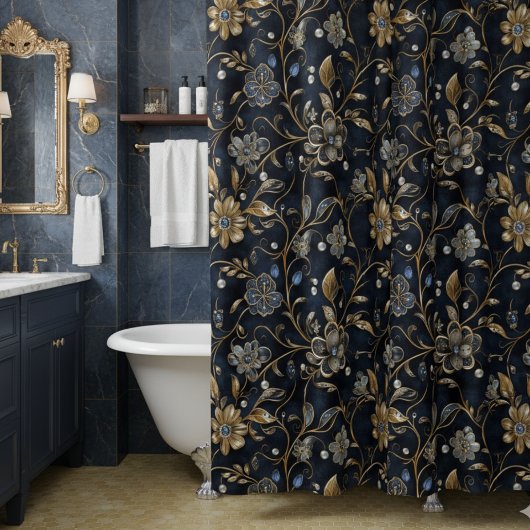 Elegant Luxe Mitternachtsblumen Duschvorhang