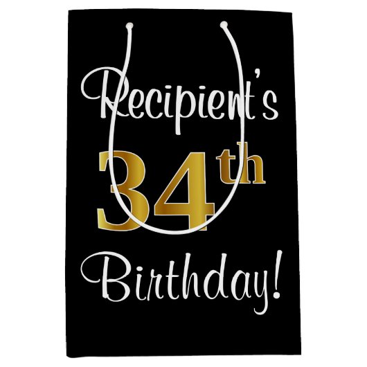 Elegant, luxuriös, Imitate Gold Look 34. Geburtsta Mittlere Geschenktüte (Vorderseite)