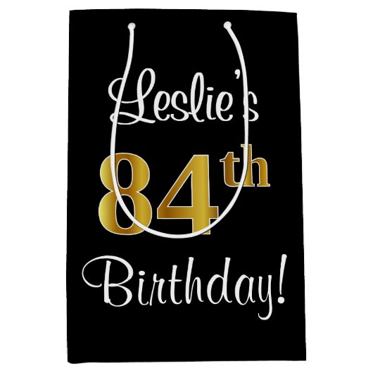 Elegant, luxuriös, Imitate Gold Look 84. Geburtsta Mittlere Geschenktüte (Vorderseite)