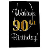 Elegant, luxuriös, Imitate Gold Look 90. Geburtsta Mittlere Geschenktüte (Vorderseite)