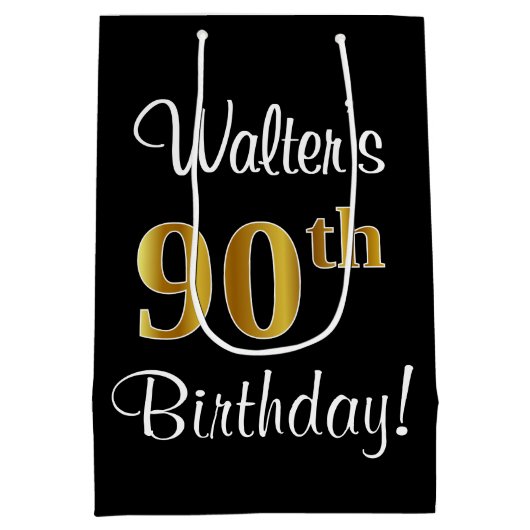 Elegant, luxuriös, Imitate Gold Look 90. Geburtsta Mittlere Geschenktüte (Rückseite)