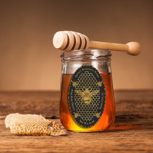 Elegant Luxurious Black Gold Queen Bee Honey Jar Ovaler Aufkleber