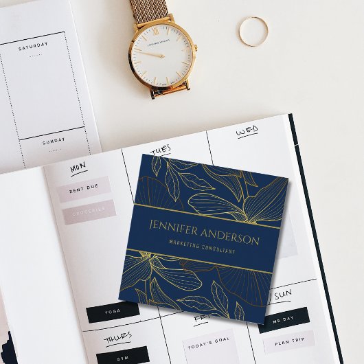 Elegant Luxurious Blue Navy Gold Wild Lily Quadratische Visitenkarte