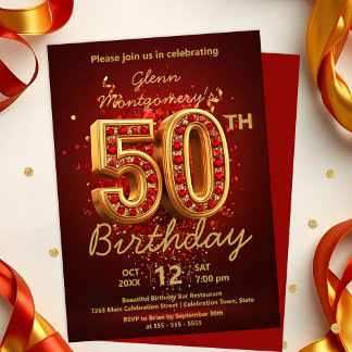 Elegant Luxurious Red and Gold 50. Geburtstag Einladung