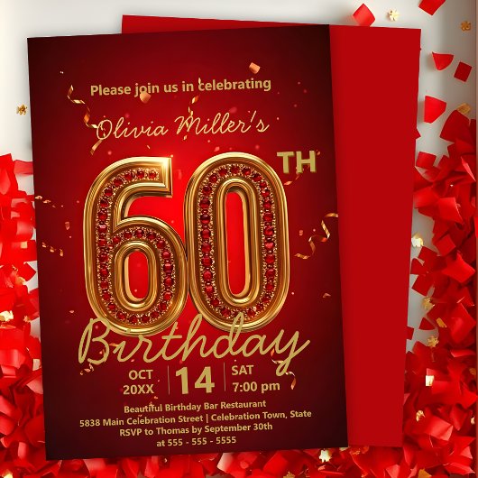 Elegant Luxurious Red and Gold 60. Geburtstag Einladung