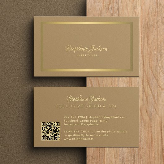 Elegant luxury beige and gold QR code hairstylist Visitenkarte