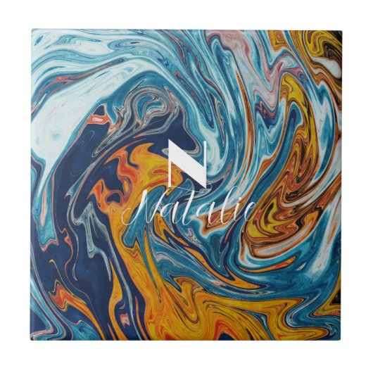 Elegant Luxury Blue Gold Monogram Fliese (Vorderseite)