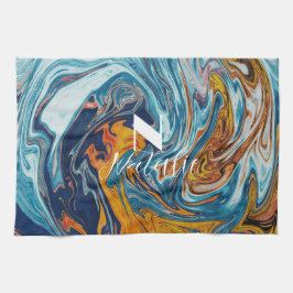 Elegant Luxury Blue Gold Monogram Geschirrtuch