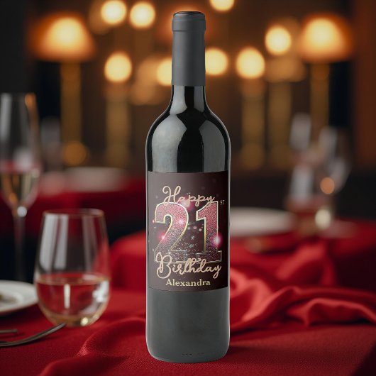 Elegant Luxury Funkelnd Gold und Pink 21. Geburtst Weinetikett