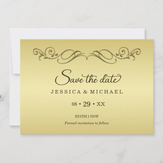 Elegant Luxury Gold Verzierte Hochzeit Save The Date (Vorderseite)
