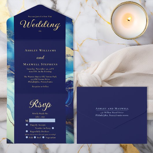 Elegant Luxury Navy Blue and Gold Marble Wedding All-in-One-Einladung