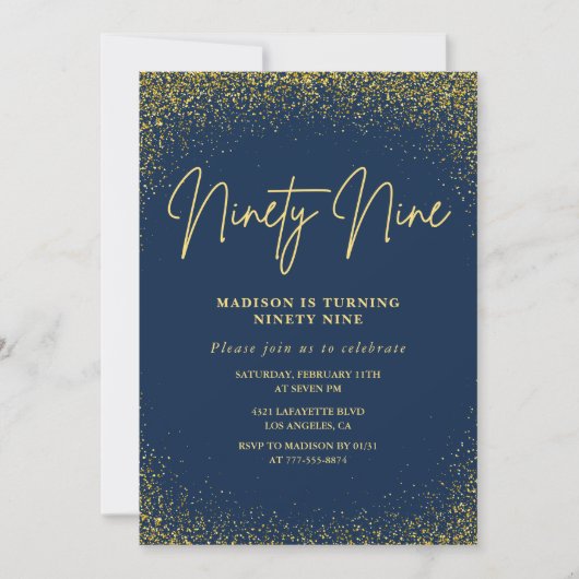 Elegant Luxury Navy Gold Glitzer 99. Geburtstag Einladung (Vorderseite)