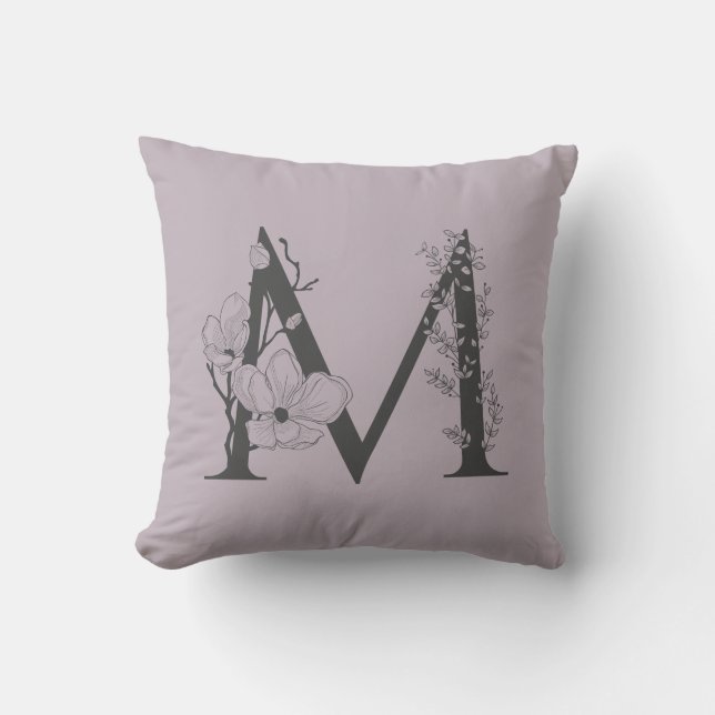 Elegant M Boho Floral Monogram Initial Lilac Gray Kissen (Vorderseite)