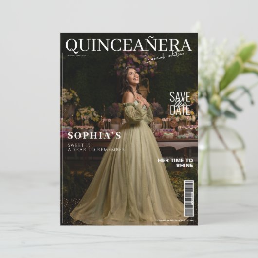 Elegant Magazine Quinceanera Save the Date Einladung (Stehend Vorderseite)
