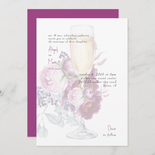 Elegant Magenta Floral Champagne Wedding Einladung (Vorne/Hinten)