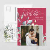 Elegant Magenta Green Blätter QR-Code Save the Dat Ankündigungspostkarte (Vorne/Hinten)