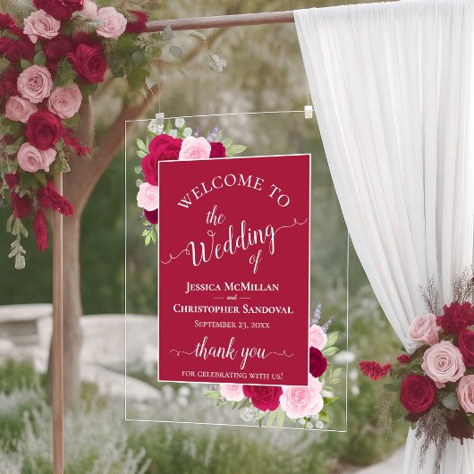Elegant Magenta & Pink Boho Roses Wedding Welcome Acrylschild