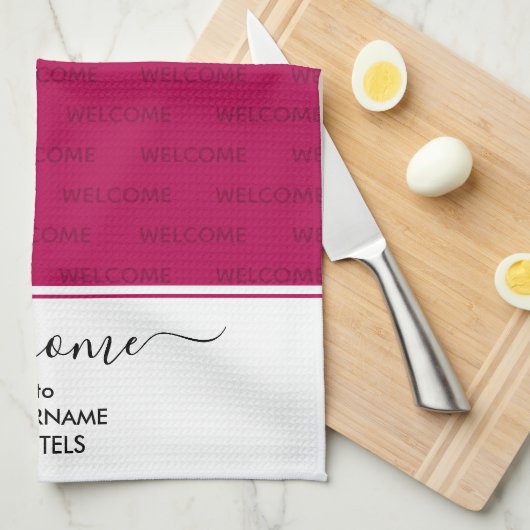 Elegant Magenta Pink Personalisiert WELCOME Geschirrtuch (Viertel Falte)