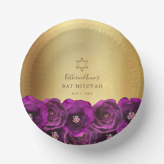 Elegant Magenta Pink Rose Floral Gold Bat Mitzvah Pappteller (Vorderseite)