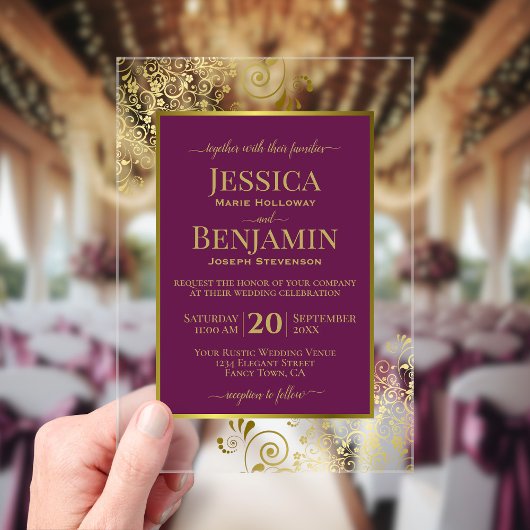 Elegant Magenta Plum & Gold Stylish Text Wedding Acryleinladungen
