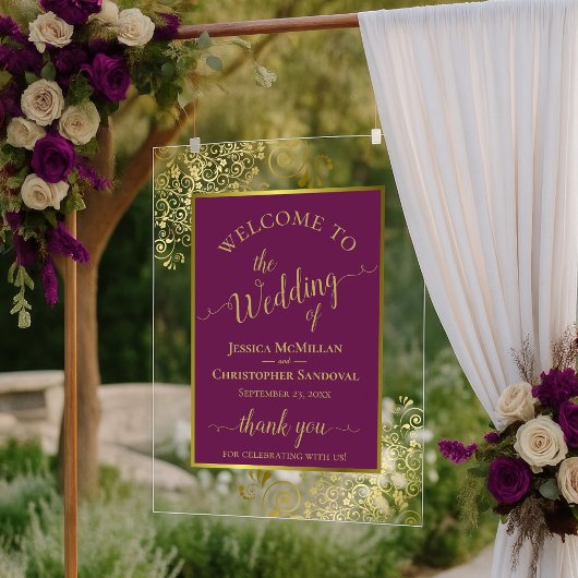 Elegant Magenta Plum & Gold Wedding Welcome Acrylschild
