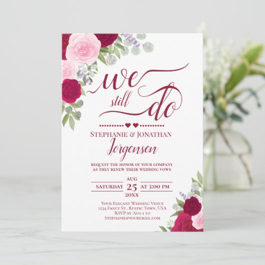 Elegant Magenta rosa Rosen wir noch machen Vow Ern Einladung (Stehend Vorderseite)