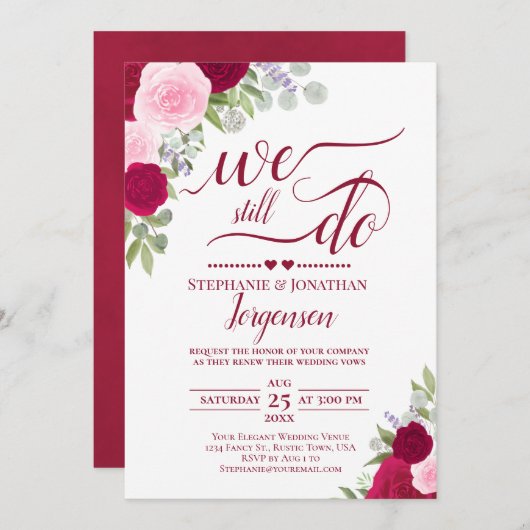 Elegant Magenta rosa Rosen wir noch machen Vow Ern Einladung (Vorne/Hinten)