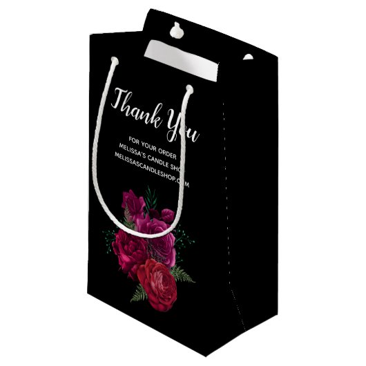Elegant Magenta Rose Floral Bouquet Vielen Dank Kleine Geschenktüte (Vorderseite Schrägansicht)