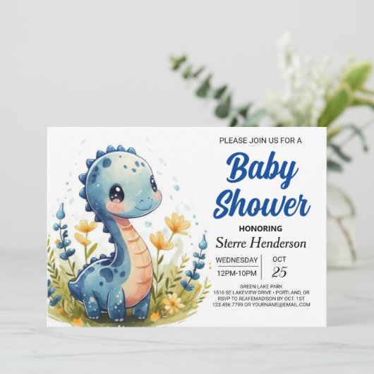Elegant Magical Custom Dinosaur Boy Baby Shower Einladung (Stehend Vorderseite)
