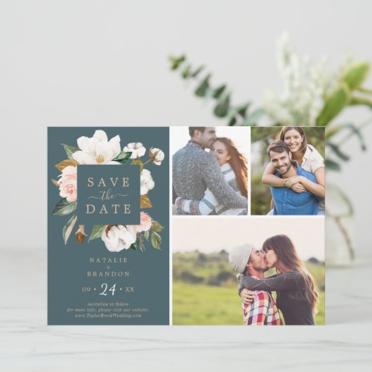 Elegant Magnolia | Aquamarin 3 FotoCollage Save The Date (Stehend Vorderseite)