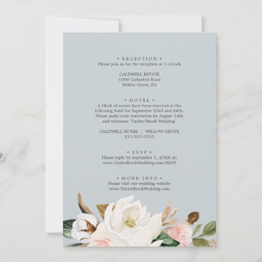 Elegant Magnolia | Aquamarin und weiß auf einer Ho Einladung (Rückseite)