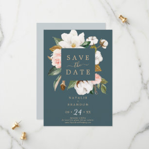 Elegant Magnolia   Aquamarine Save the Date Karte