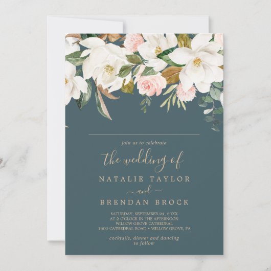 Elegant Magnolia | Aquamariner Gast Name Wedding Einladung (Vorderseite)