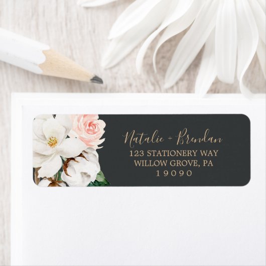 Elegant Magnolia | Black Return Address Label (Insitu)