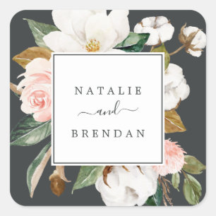 Elegant Magnolia Black Wedding Umschlag Aufklebe Quadratischer Aufkleber