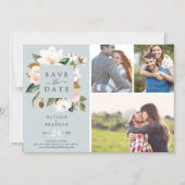 Elegant Magnolia | Blaugraues 3 Foto Save the Date Magneteinladung (Vorderseite)