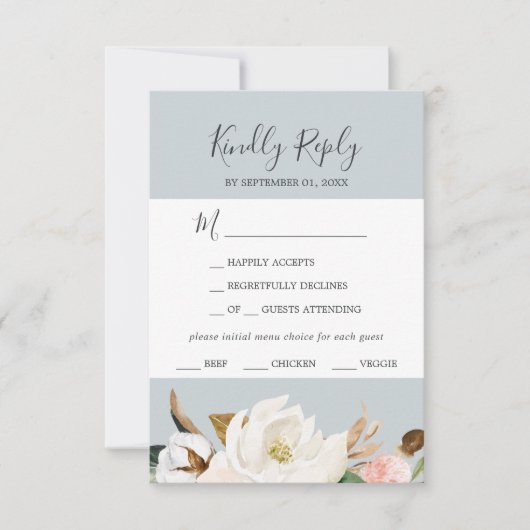 Elegant Magnolia | Blue Grey Menu Choice RSVP Card (Vorderseite)