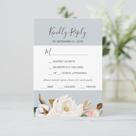 Elegant Magnolia | Blue Grey Menu Choice RSVP Card (Stehend Vorderseite)