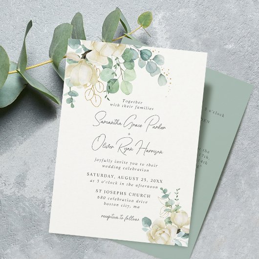 Elegant Magnolia Eucalyptus Wedding Detail und Einladung