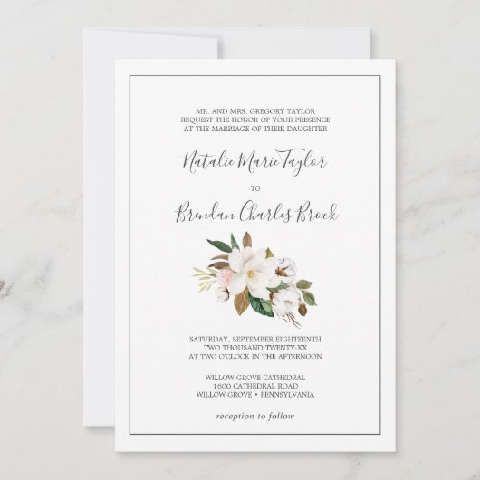 Elegant Magnolia | Feierliche Hochzeit mit Weiß un Einladung (Vorderseite)
