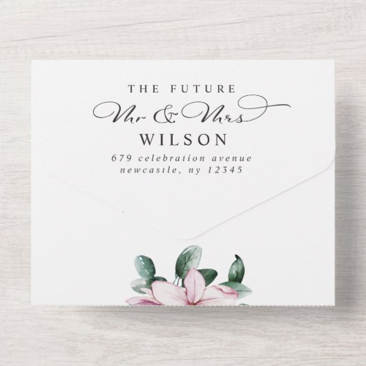 Elegant Magnolia Florals Moderne Script Wedding All In One Einladung (Rückseite)