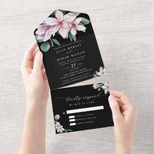 Elegant Magnolia Florals Moderne Script Wedding All In One Einladung
