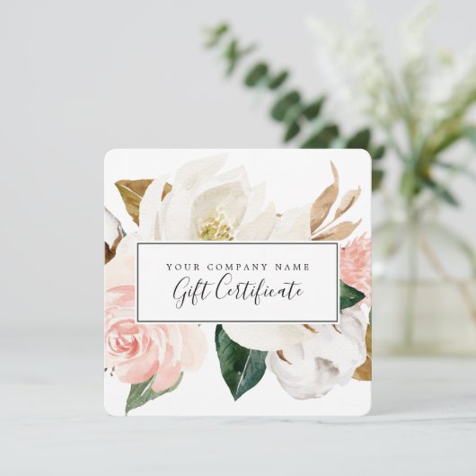 Elegant Magnolia | Geschenkgutschein "Weiß & Blush Einladung (Stehend Vorderseite)