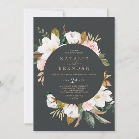 Elegant Magnolia | Lässige Hochzeit in Schwarz und Einladung (Vorderseite)