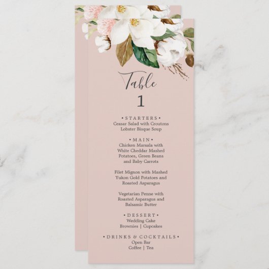 Elegant Magnolia | Menü "Rosa Tischnummer" Menükarte (Vorne/Hinten)