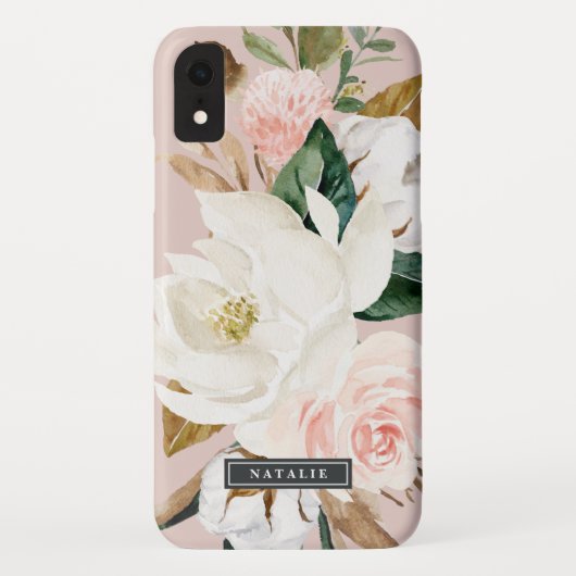 Elegant Magnolia | Personalisierter Name weiß und Case-Mate iPhone Hülle (Rückseite)